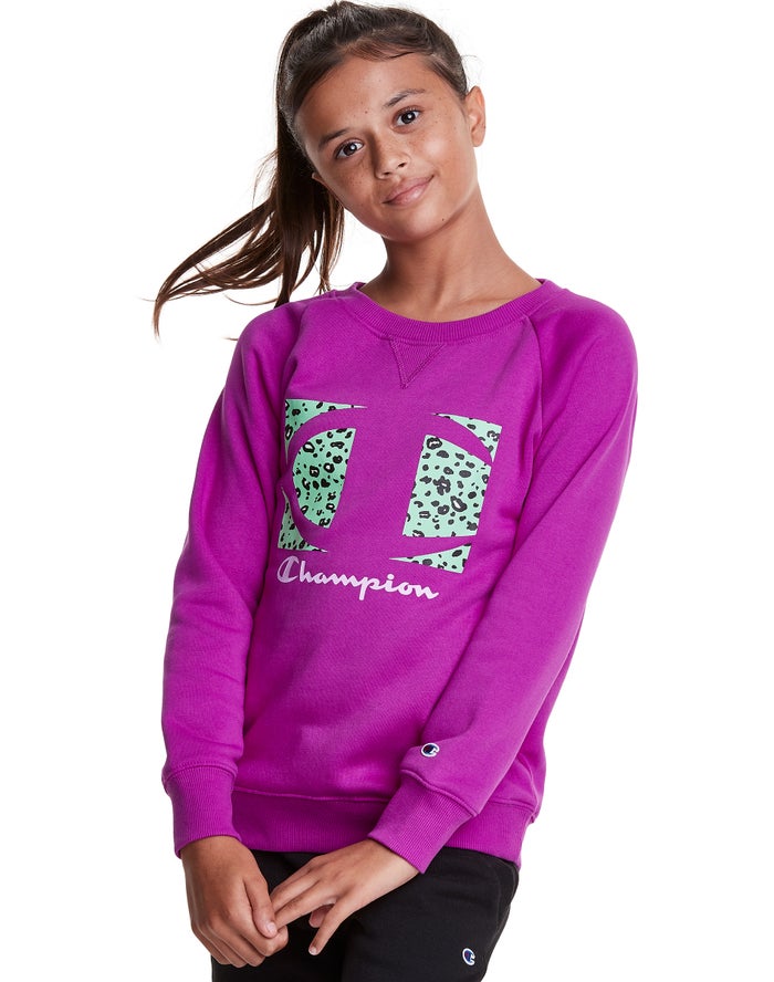 Champion Pige Hættetrøje Lilla - Fleece Raglan Crew Leopard Knockout Logo - Danmark EWM-451687